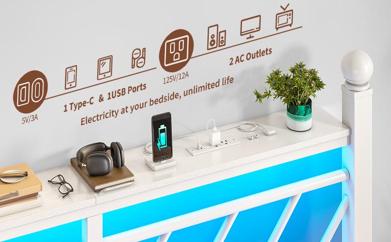 Raybee Furniture Twin/Full/Queen Metal Bed Frames ,with LED Lights and Charging Station, Sturdy Bed Frames with Headboard and Footboard, with Storage Shelves and Under Bed Storage, No Box Spring Needed, Noise Free 【Black Friday】 Raybee Furniture Twin/Full/Queen Metal Bed Frames ,with LED Lights and Charging Station, Sturdy Bed Frames with Headboard and Footboard, with Storage Shelves and Under Bed Storage, No Box Spring Needed, Noise Free 【Black Friday】