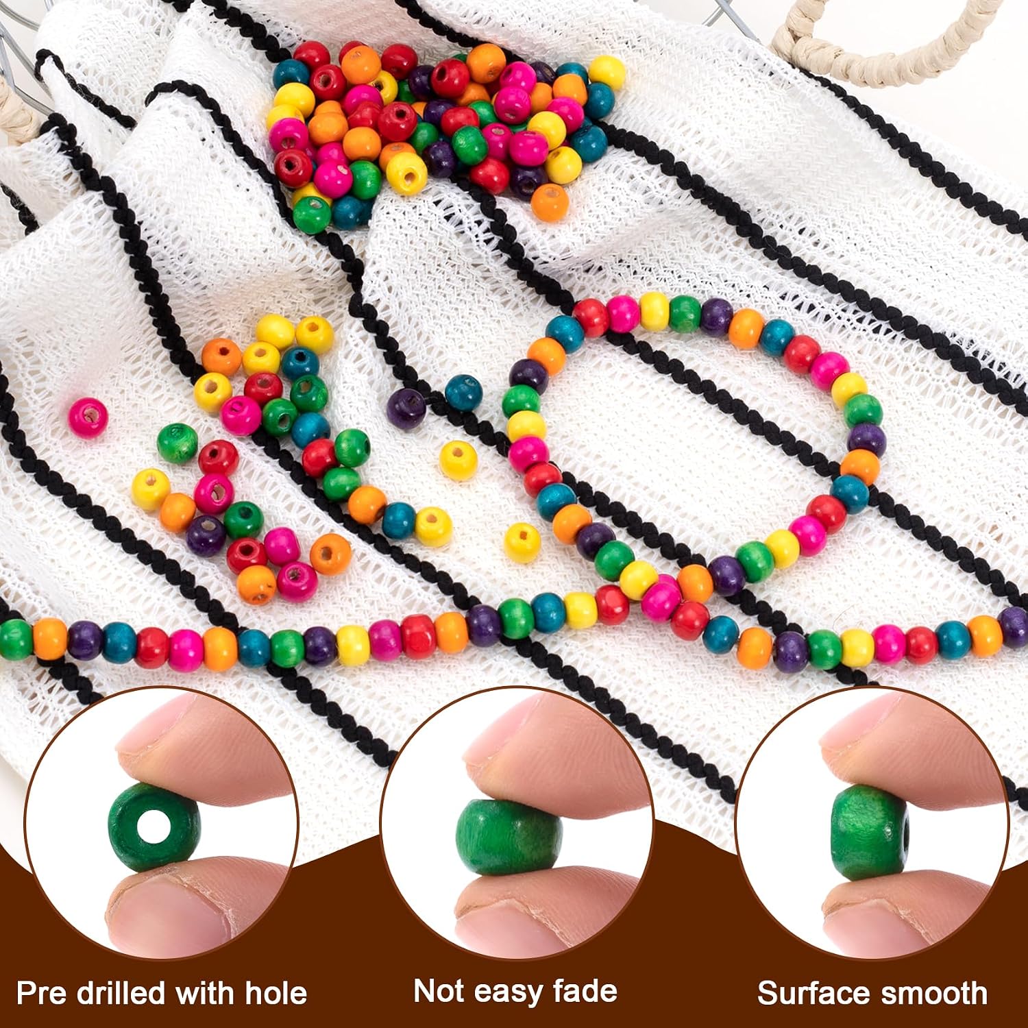 400 count Large Hole Wooden Beads,    Beads for Crafts, 9X10mm Round Wooden Loose Spacer Bead for Garland Necklaces Bracelets Earrings Anklets Pendant DIY Crafts ( Color)
