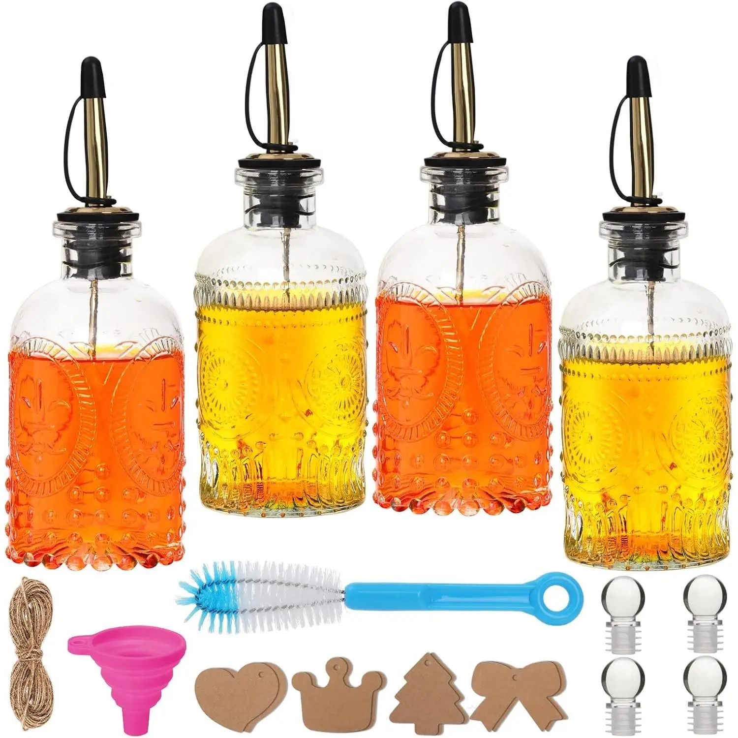 7oz Glass Syrup Bottles with Metal Pour Spout 4 Pack | Syrup Dispenser for Coffee, Maple & Simple Syrup - Includes Funnel, Brush, Stoppers & Labels
