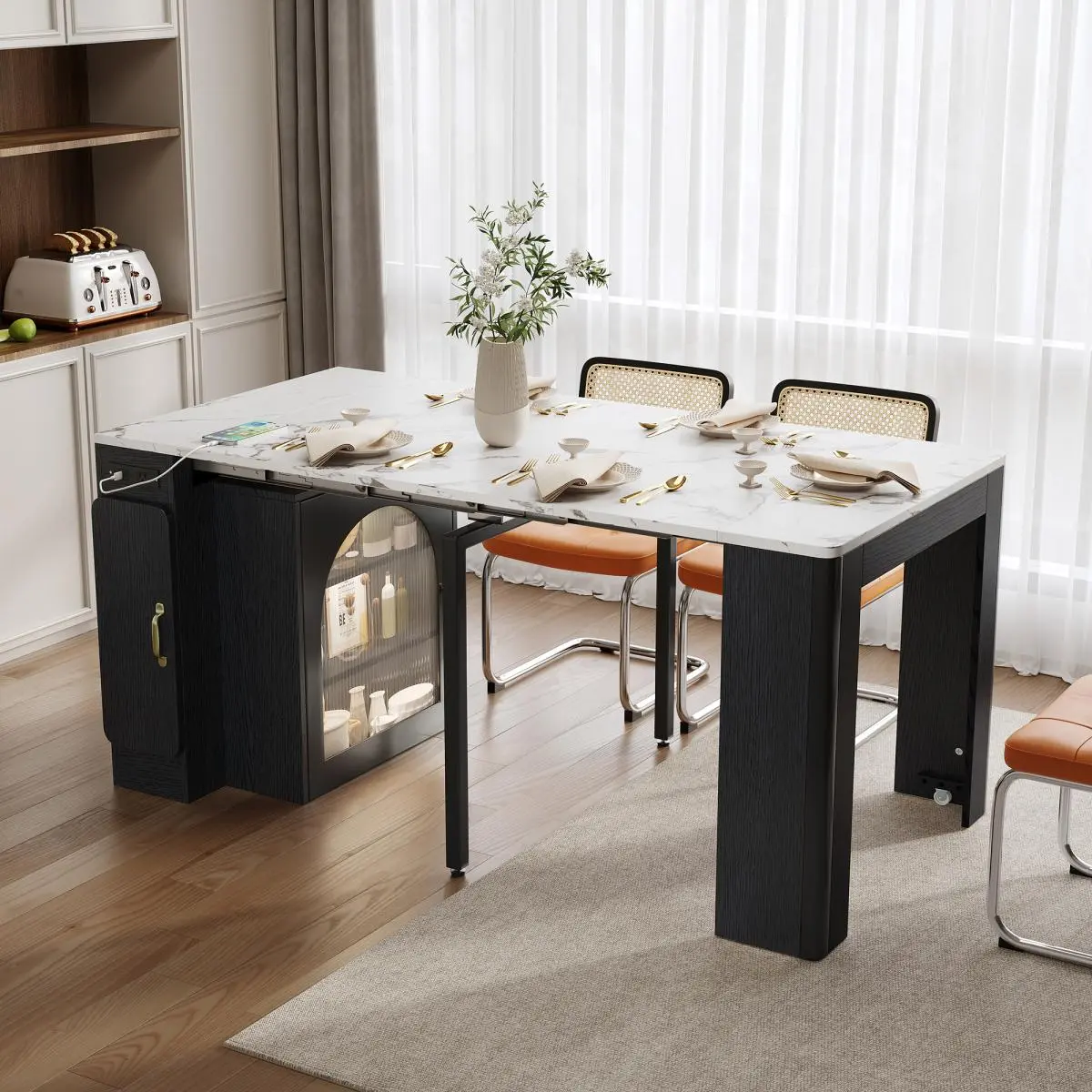 Modern Extendable Dining Table with 3 Removable Middle Leaves, Rolling Mobile Island, Power Outlet, Storage Cabinet, Black and Marble White, 59 Inch
