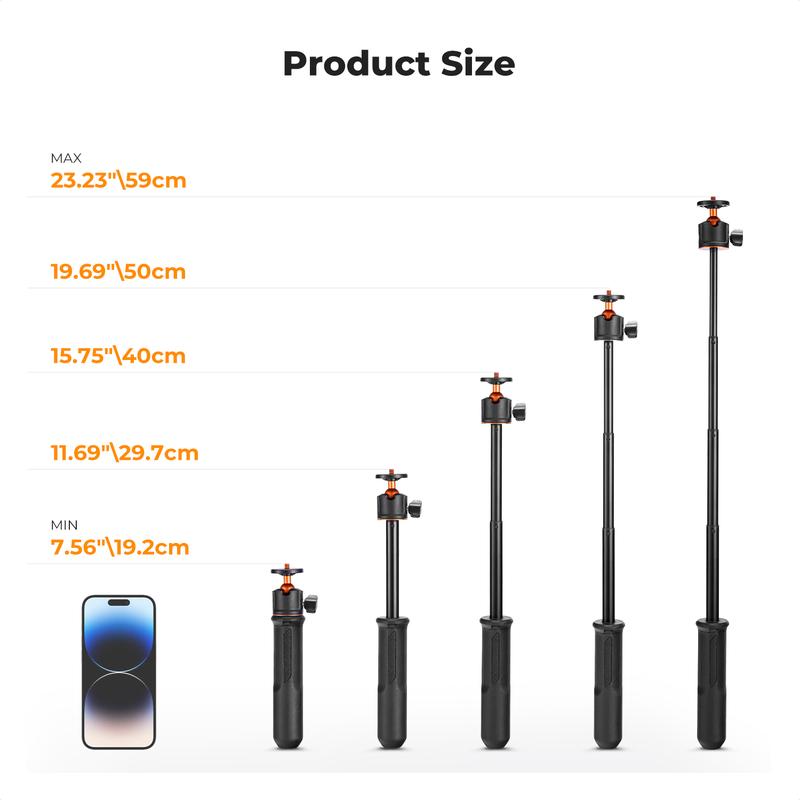 【K&F CONCEPT】All-in-One Extendable Selfie Stick Tripod for Smartphones, GoPro & DJI Cameras. 60cm/24" Foldable Handle with Ball Head for Vlogging, Travel, Live Streams.  GoPro Hero 13/12/11/10/9/8/7/Max, DJI Osmo Action 5/4/3, Pocket 3.