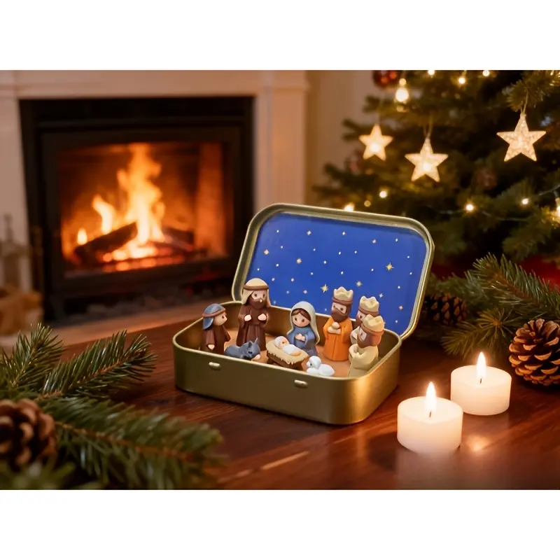 Mini Christmas Nativity Set, Handmade Manger Scene with Mary, Baby Jesus, Shepherd & Animal Figurines, Portable Iron Box, Hand-Painted Religious Christmas Decor for Gifts, Home, Holiday Display