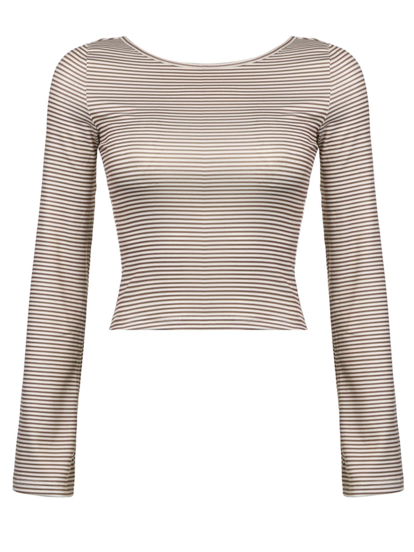 Women's Striped Print Backless Boat Neck Tee, Casual Slim-fitting Long Sleeve T-shirt for Daily Wear, Ladies Clothes for All Seasons Cropped Tees
