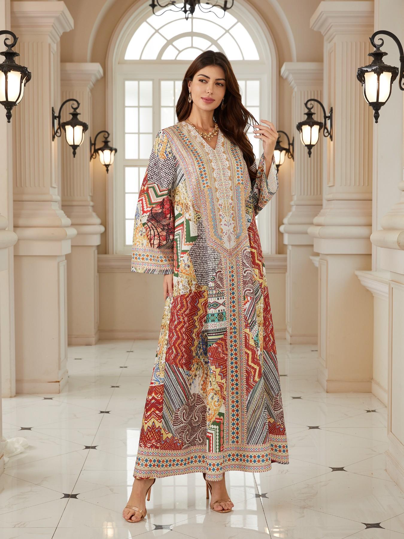 Middle Eastern Ramadan Women's Multi-Color Patchwork Paisley Rhinestone Long Robe, Dubai Style Festival Evening Gown Kaftan Abaya Dress