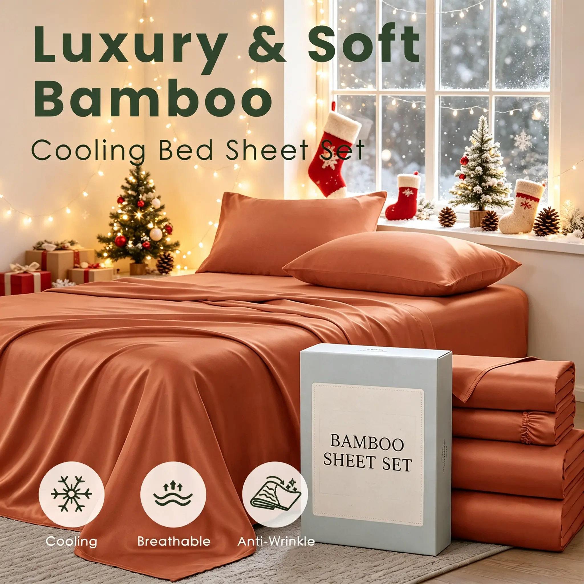 OS OMYSTYLE Deep Pocket Bamboo Cooling Bedding Set, Christmas Bedroom Home Decor, Soft Smooth & Breathable,16 Inch Extra Deep Pocket Bamboo Bedding, Twin/Full/Queen/King, Multiple Colors, for Hot Sleepers, Family Christmas Holiday Gathering, Bamboo Blend,