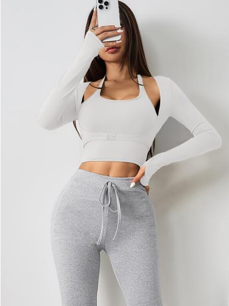 Women's Two-Piece Set, Halter Crop Tank Top & Thumb-Hole Sports Tee, Sleeveless Cami & Buckle-Front Top, Gym Yoga Exercise Clothing for Women, Sportswear For Gym