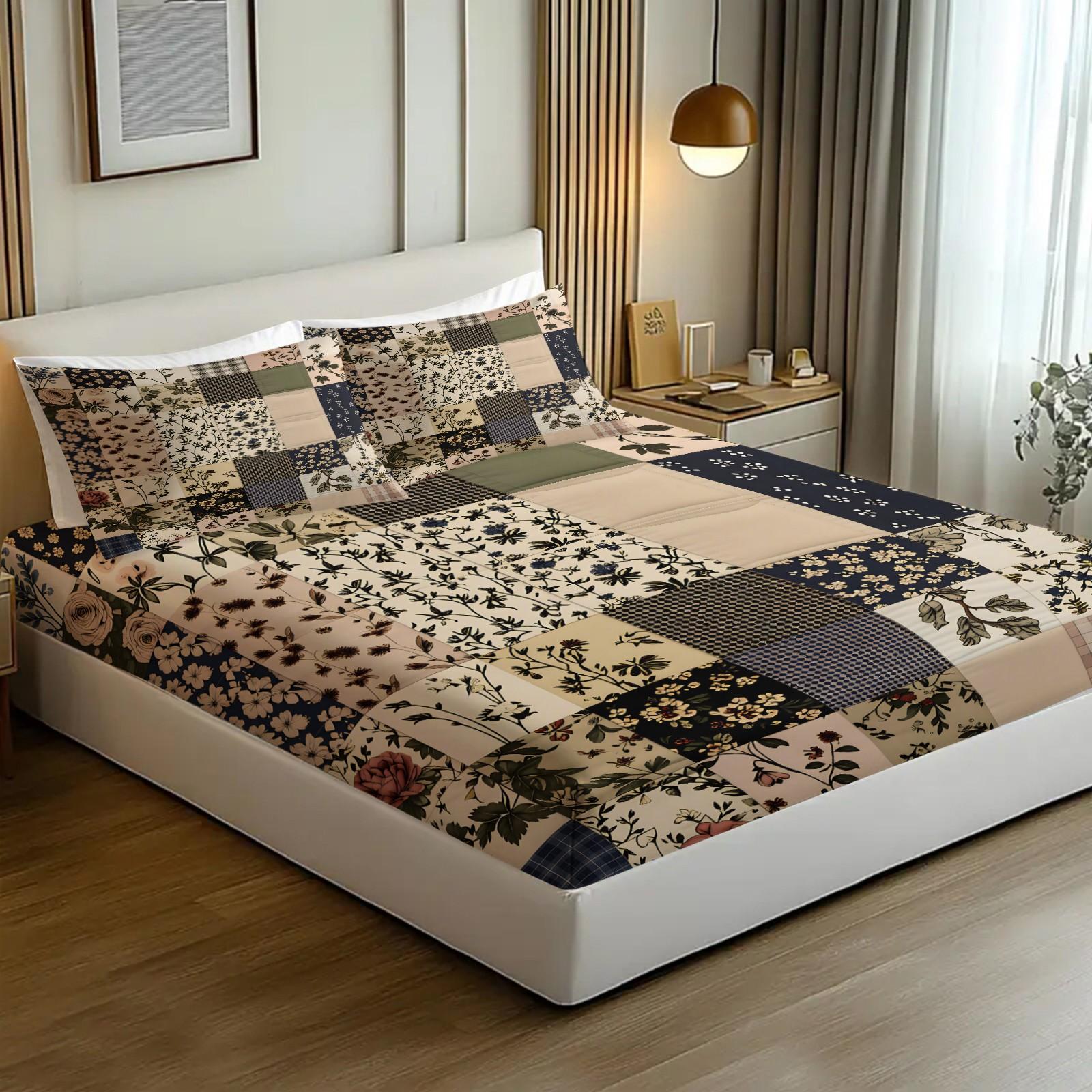 3PCS Vintage Patchwork Floral Plaid Fitted Bed Sheets Set, Soft Bedding Sets (1 Fitted Sheet + 2 Pillowcases),Soft Breathable Fabric,Deep Pocket Anti-Slip Design,HD Digital Printing,Retro Botanical All Season Bedding,Ins Style Bedroom Vibes