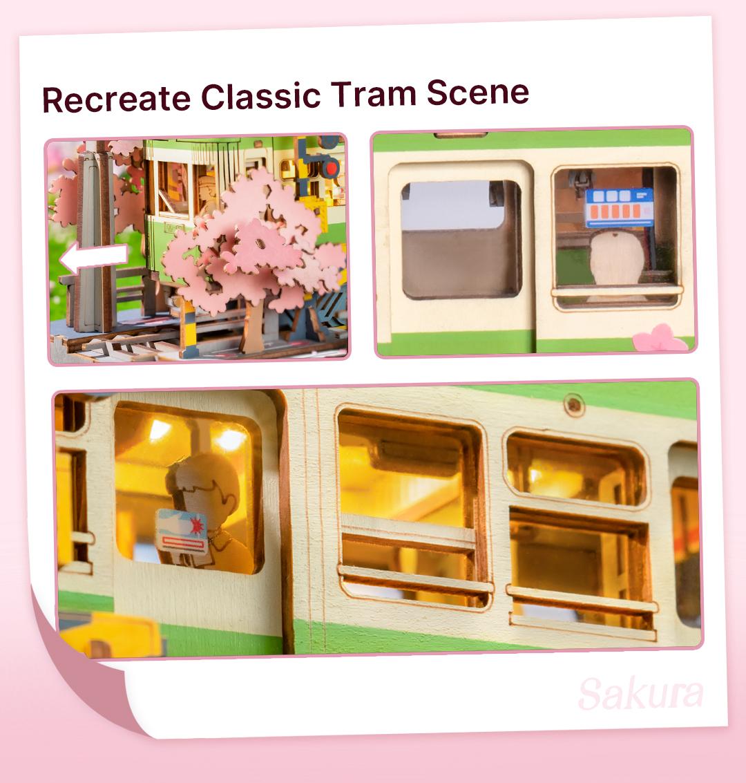 Rolife Sakura Journey 3D Wooden Puzzle TGS02 3D Wooden Puzzle for Adults, Sakura Journey Tram DIY Model building Kits with LED Lights, Creative Kids Craft Hobby Gift and Brain Teaser Home Decor Assembly Toy