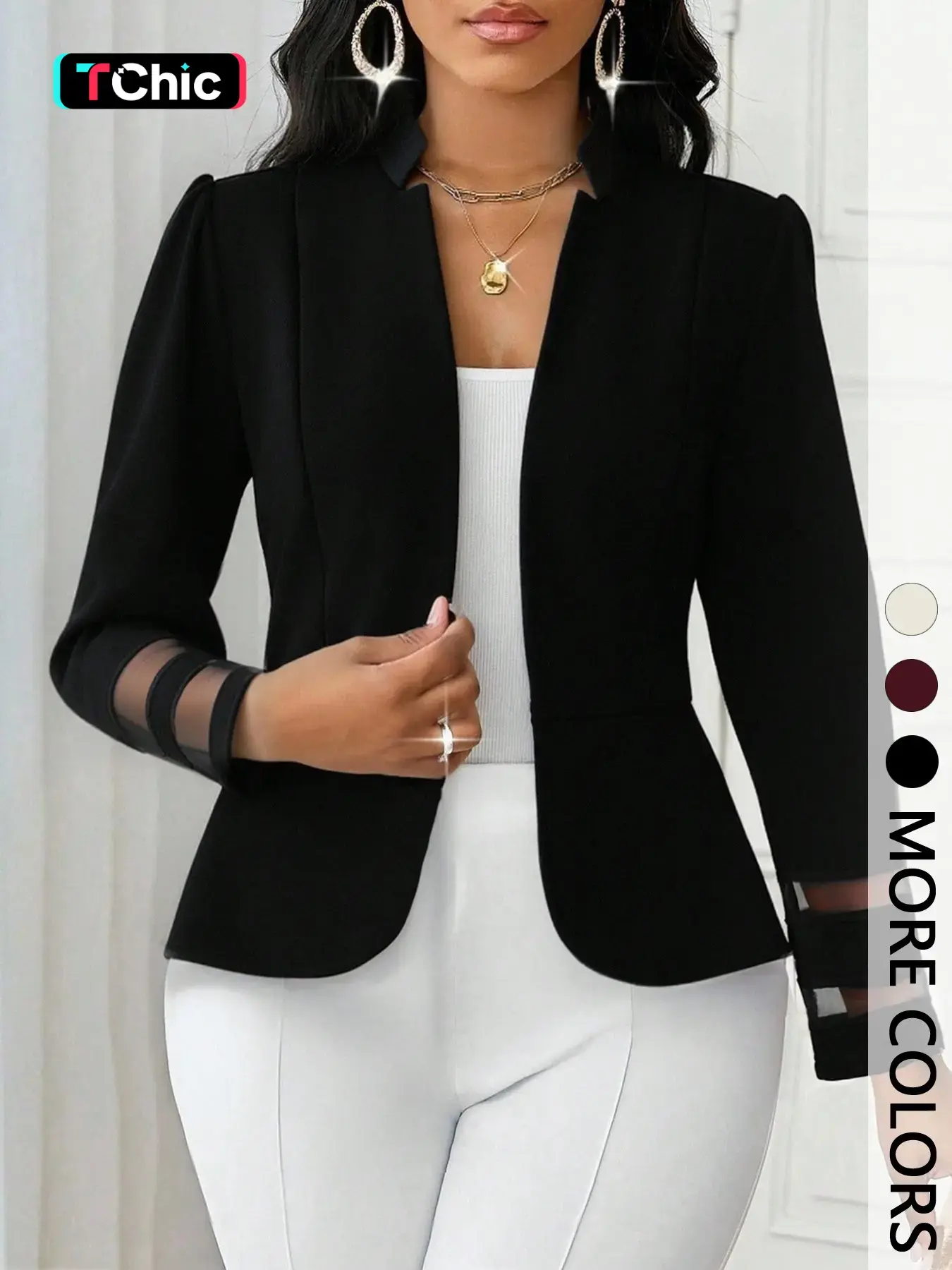 Elegant Women's Open Front Blazer Jacket with Puff Sleeves, Sheer Panel Cuffs, Cinched Waist, Notched Lapel, Tailored Fit Dressy Office Workwear Outerwear for Business Casual Party Looks