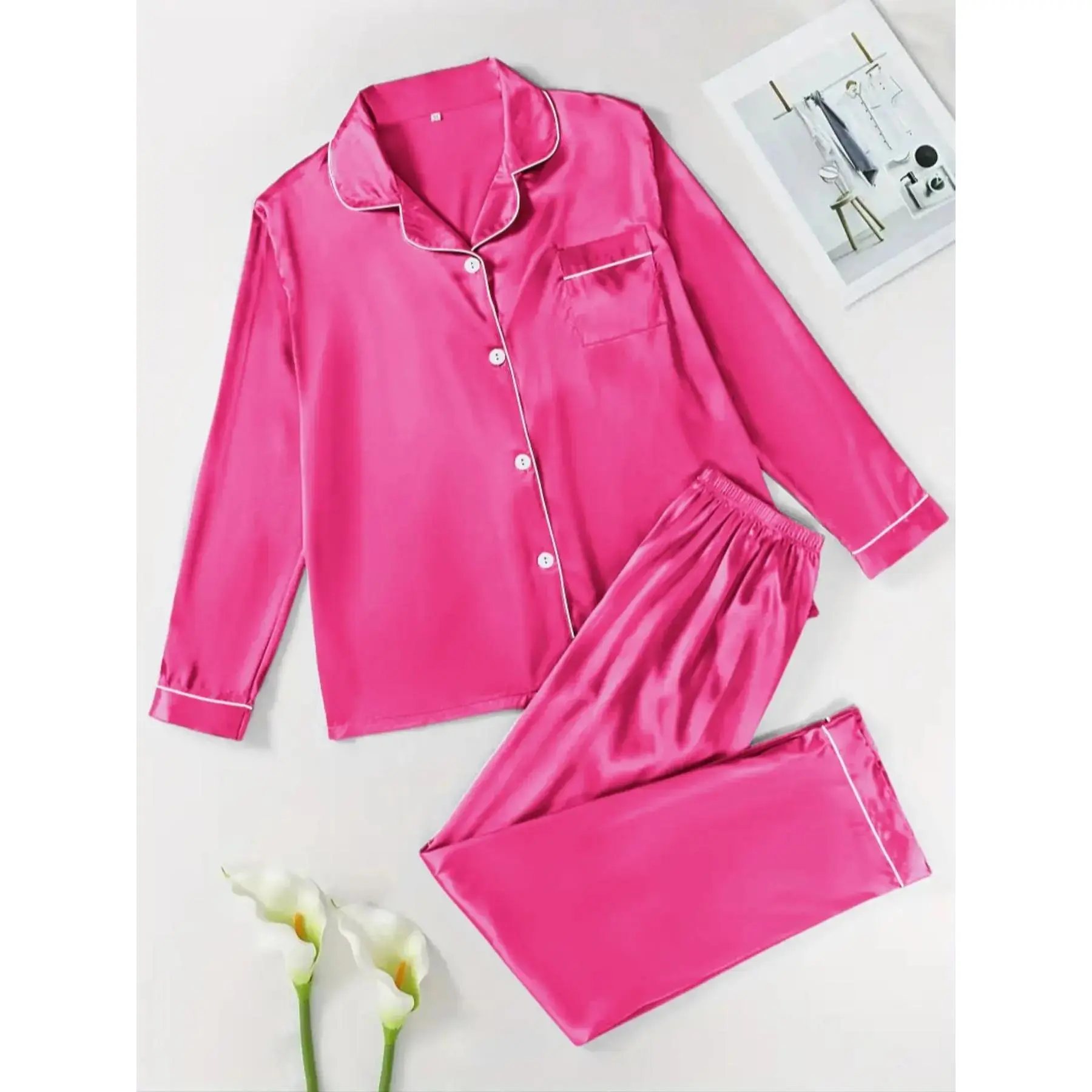 Valentine's Day Two-Piece Set Women's Solid Contrast Binding Satin Pyjamas Long Sleeve Lapel Button Front Shirt & Elastic Waist Pants PJ Set Casual Comfortable Loungewear Sleepwear Set for Women