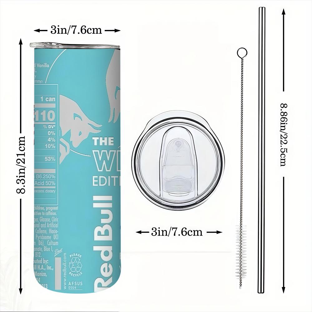 1pc 20oz Red Bull Winter Edition Stainless Steel Thermos Mug with Straw & Straw Cleaner, Double Wall Insulated for Coffee, Ideal for Outdoor, Office & Camping