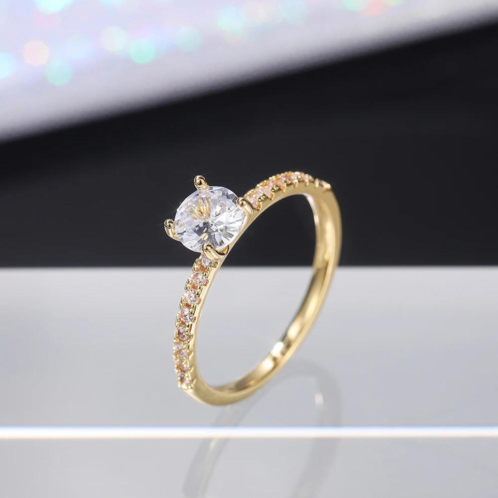 Huitan Women's Luxury Brass Base Thin Band Engagement Ring - Round Brilliant Zirconia, Luxury Look Costume Jewelry, Size-Adjustable, Sweat-Resistant, Drop Ship