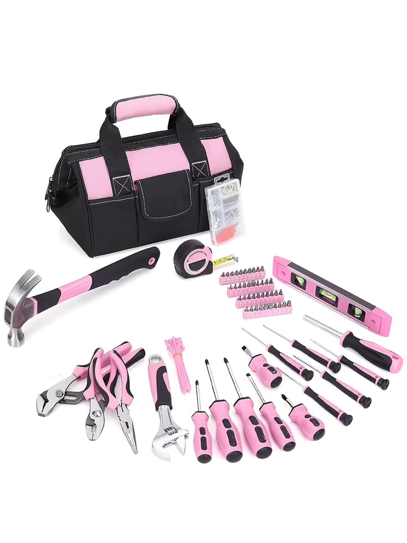 1pc Pink tool kit featuring a zipper-style wide opening design, made of polyester fabric for durability. (Tools not included)