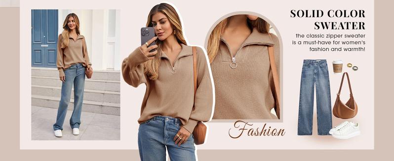 Saodimallsu Womens Tunic Sweater Fall Long Sleeve 1/4 Zip Pullover Sweaters Oversized Slouchy Ribbed Knit Sweatshirt with Slit