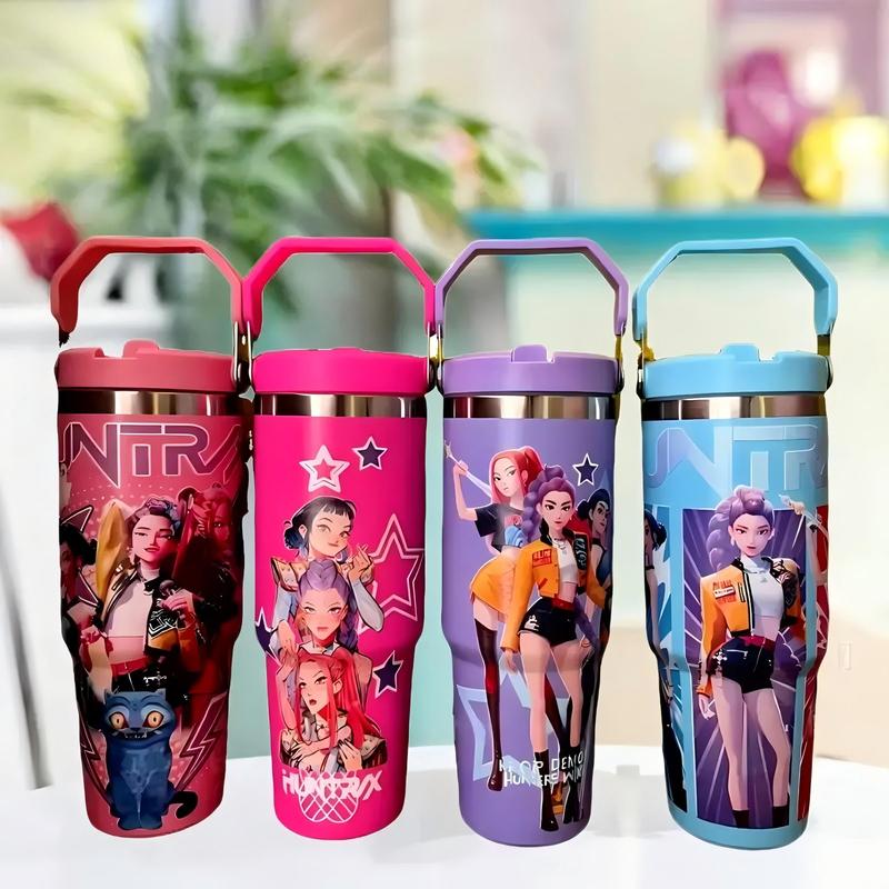 K-Pop Ghost Hunter Vacuum-Insulated Bottle with Lid and Straw, Reusable Bottle for Travel, Work, School and Daily Coffee, Ideal Gift