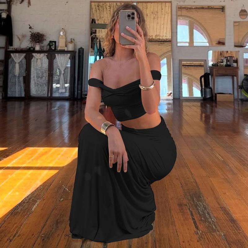 Women's Solid Color Off Shoulder Top & Skirt Two-piece Set, Casual Fashion Cozy Top & Skirt for Daily Outdoor Wear, Ladies Clothes for Summer, Chic Skirt Sets