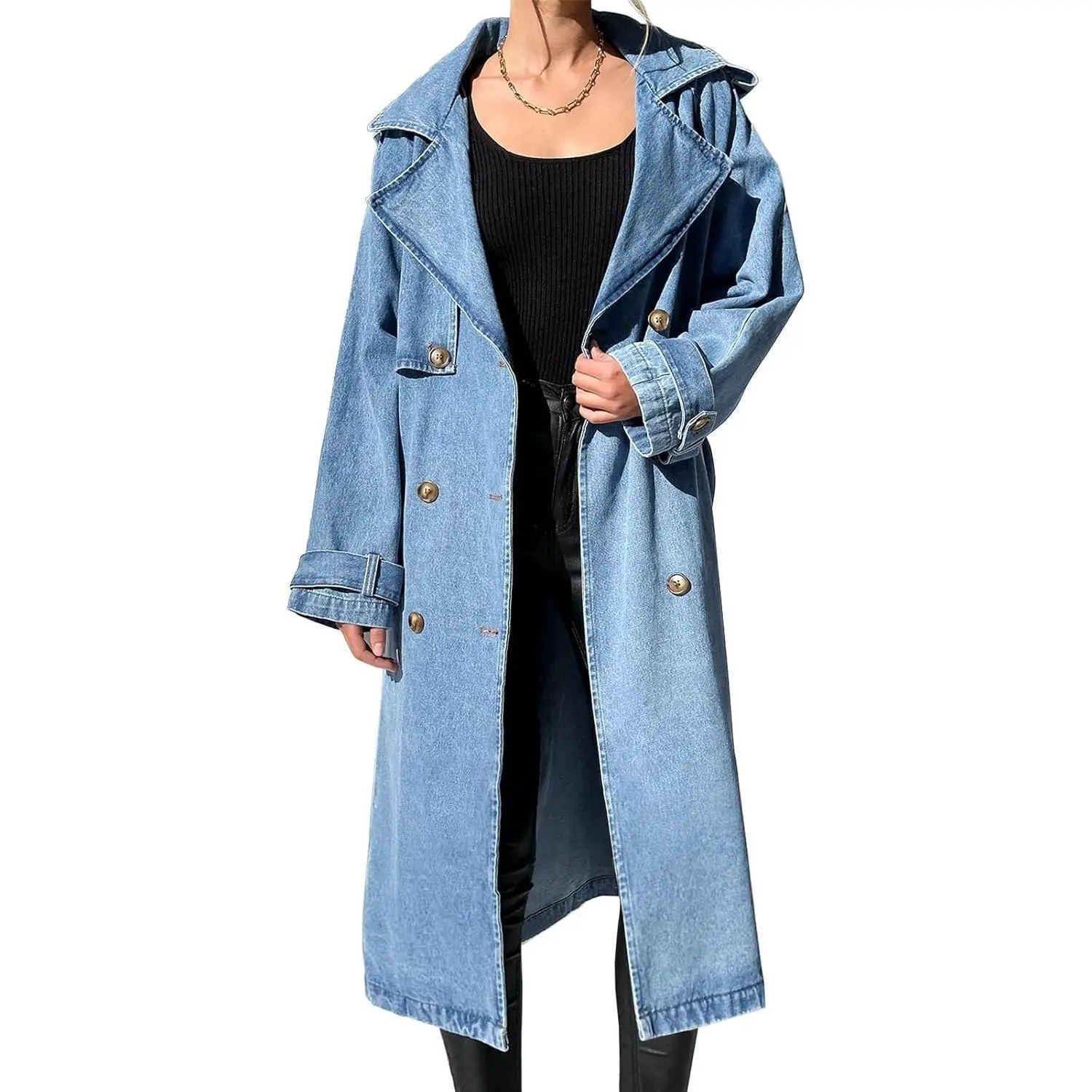Imily Bela Women's Long Double Breasted Denim Jacket Oversized Button Down Maxi Jean Coat Classic Lapel Outercoa