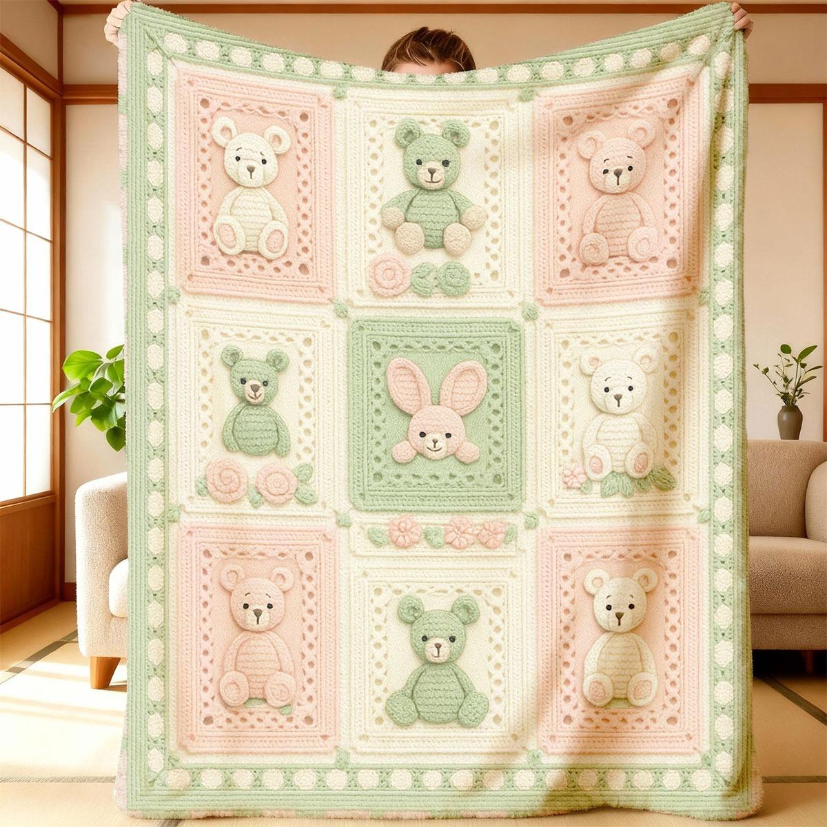 1pc Grandma'S Square Magritte Crochet Print Flannel Blanket | Soft and Comfortable Throw with Teddy Bear and Floral Design, Lightweight All-Season Blanket for Sofa, Bed, Travel, Office, Home Decor