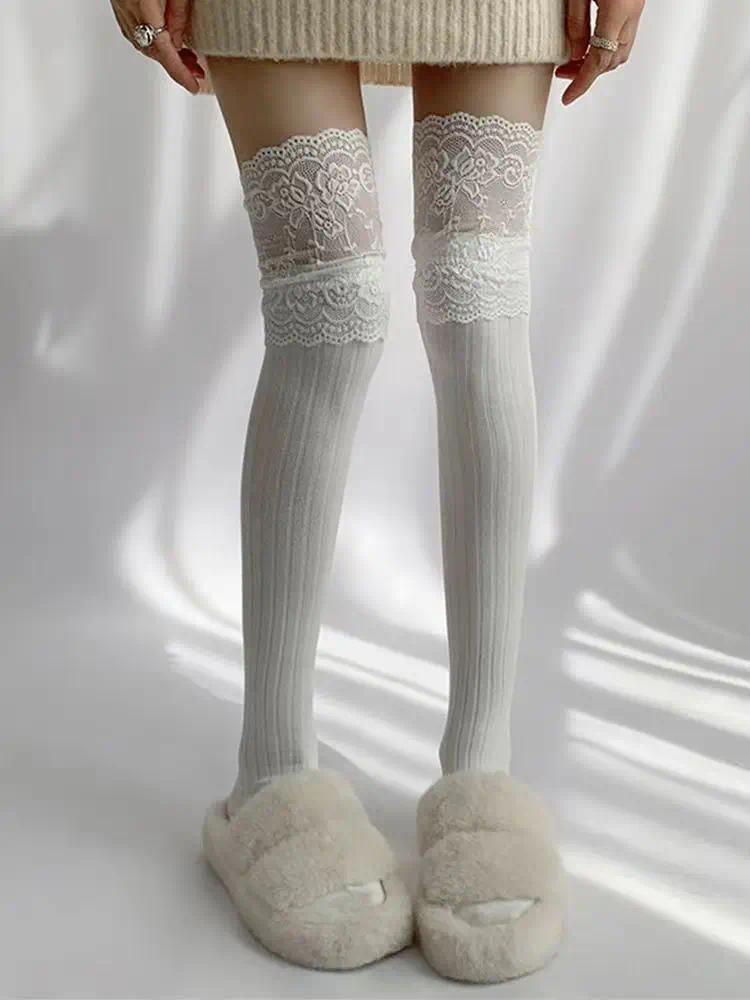 Korean Sexy Lace Thigh High Stockings for Women, Lolita Over The Knee High Socks, Sheer Lace Top Boot Socks for Daily & Cosplay