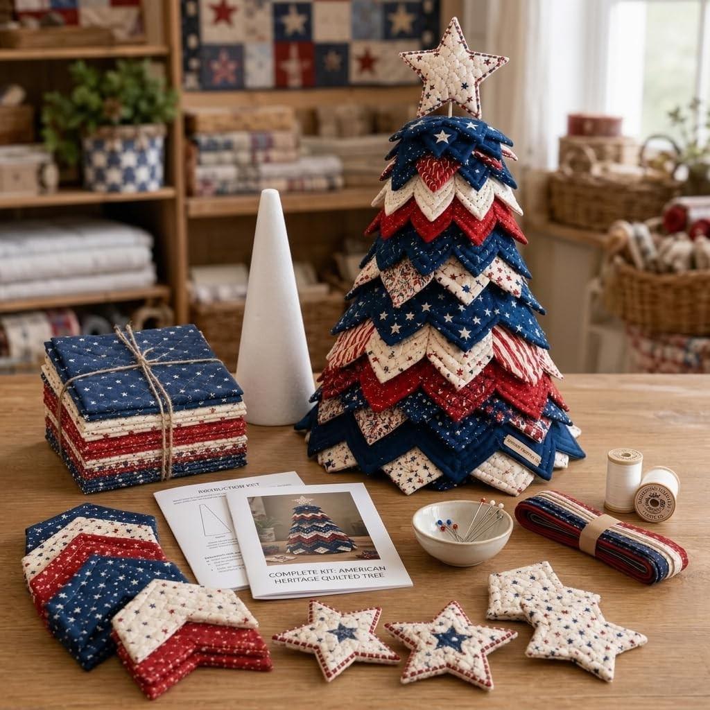 Americana Christmas Tree Quilt Kit,Christmas Patchwork Fabric DIY Kit (1PC) | Red,White,and Blue Stars & Stripes Patchwork Craft Kit for Adult Beginner,Gifts for Quilting Lover