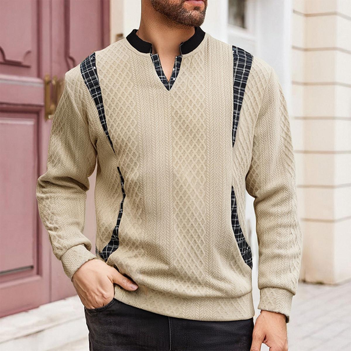 Men's Long Sleeve Crewneck Pullover & V-Neck Top - Polyester, Diamond-Patterned, Plaid-Spliced, Retro Color-Block, Striped, Contrast Stripes, Foldable Casual Autumn Winter Streetwear Sweatshirt