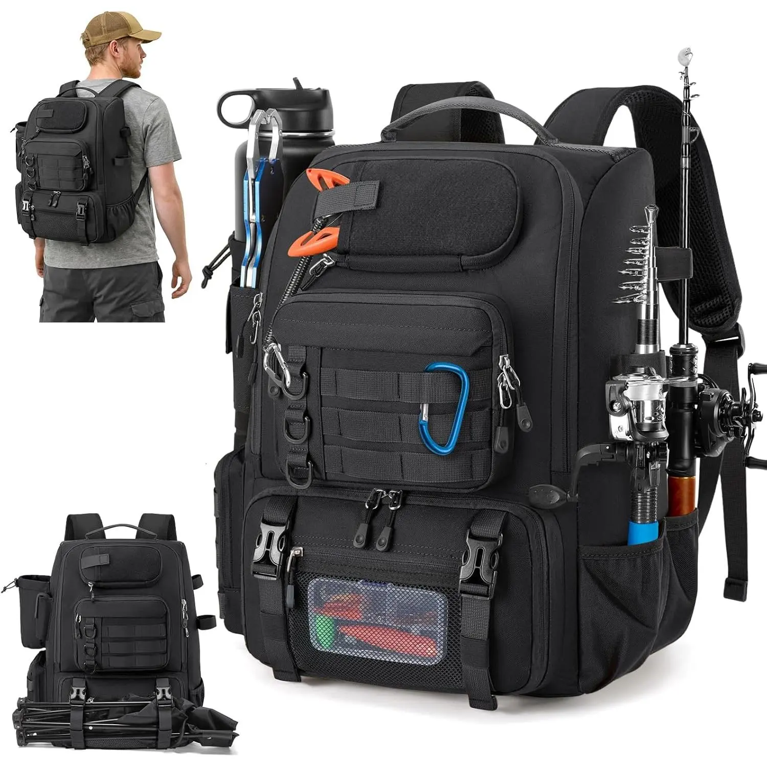 Fishing Backpack 40L Tackle Backpack with Rod Holders & Cooler | Water Resistant with Rain Cover Fits 4 x 3600 Boxes Adjustable Partition Storage Fishing Gear Professional Tackle Bag for Men