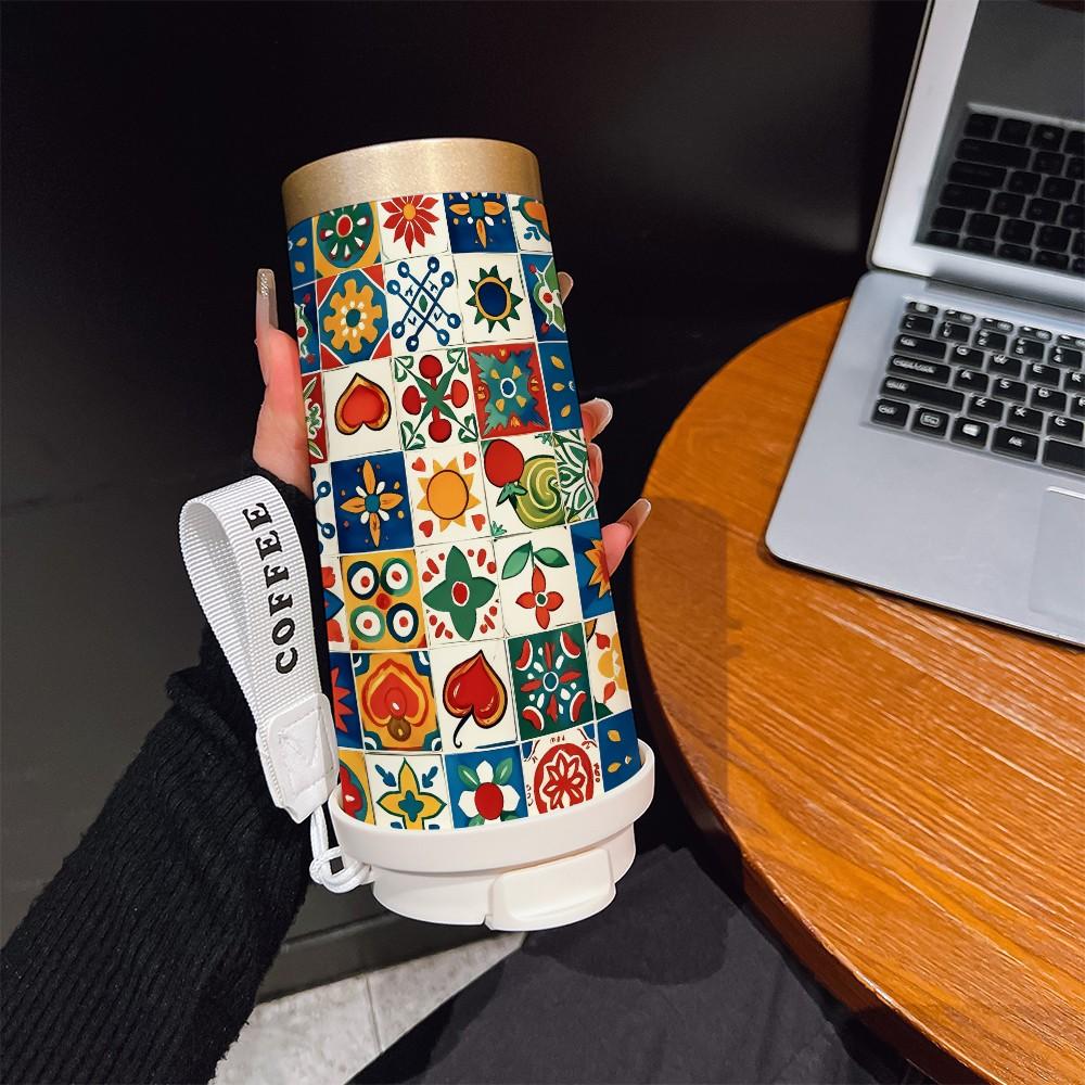 Abstract Grid Pattern Coffee Cup, Portable Dual Drink Insulated Tumbler, Keeps Hot/cold, Stylish, Ideal for Office, Travel, Sports, Golf