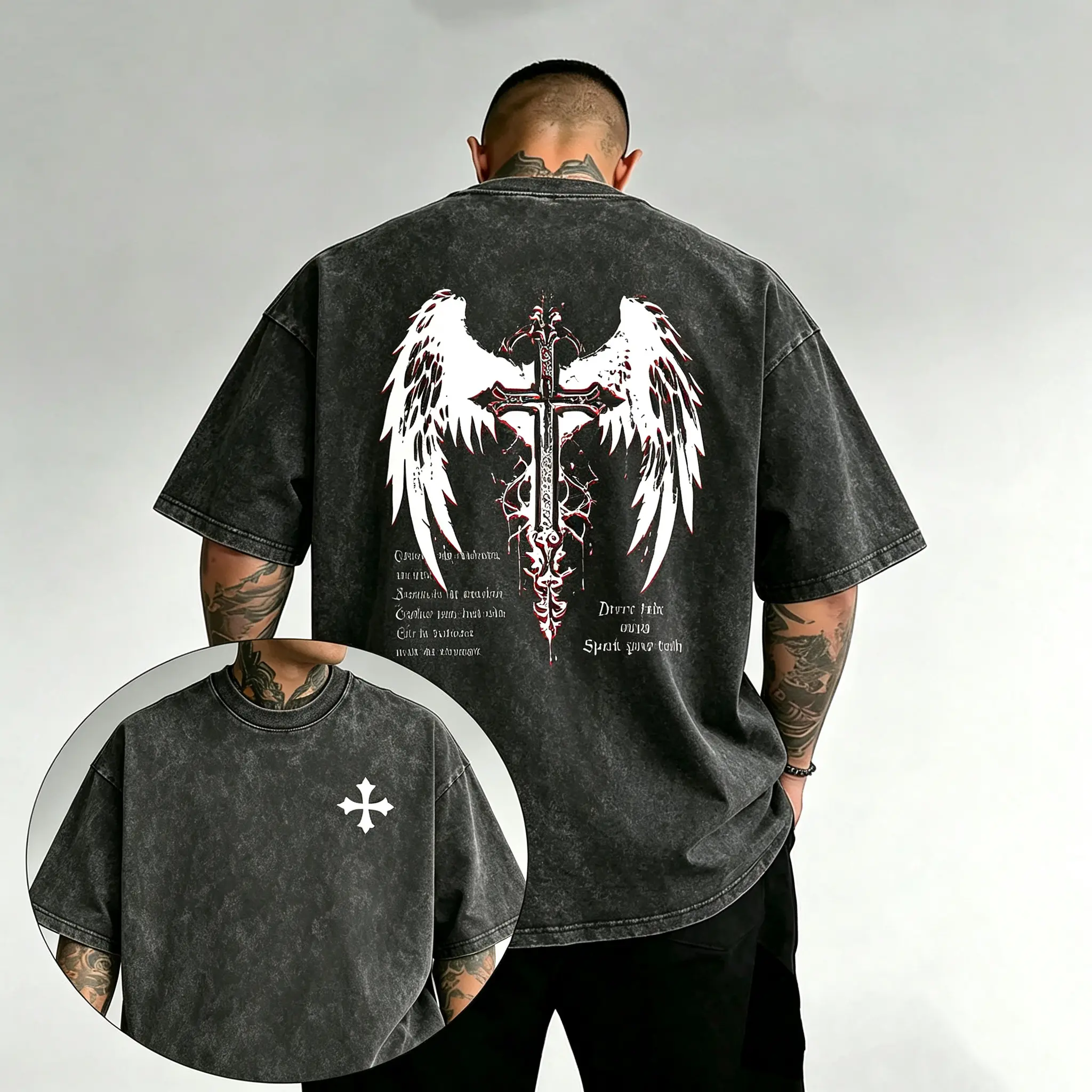 Men's Unisex Oversized Acid Wash Double-Sided Graphic Short-Sleeve Pure Cotton T-Shirt - Gothic Cross, Angel Wings, Y2K Streetwear, Goth Vintage Casual Tee