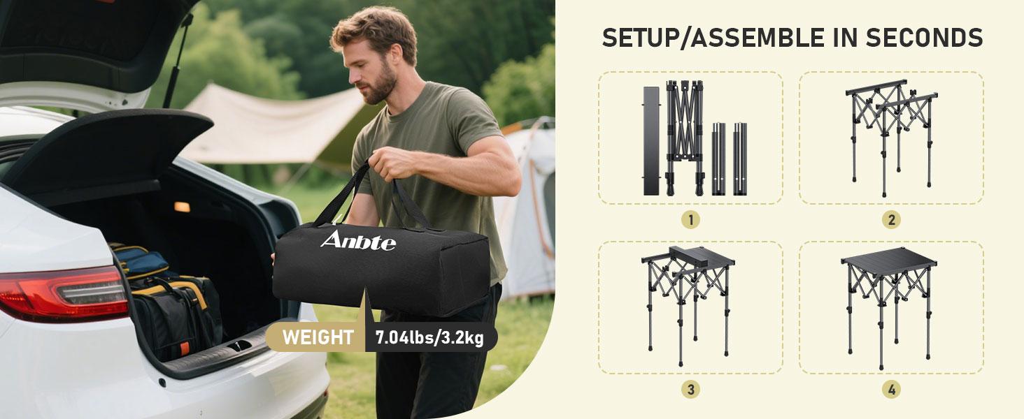 Anbte Camping Table Foldable, 2 Height Max 27.5" Aluminum Roll up Camping Table with Carry Bag & Heat-Resistant Tabletop, Lightweight, for Indoor Outdoor RV BBQ Picnic Patio Beach, 26" x 23", Black