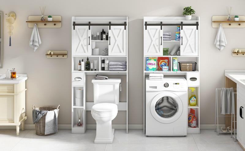 Vabches Farmhouse Over The Toilet Storage Cabinet with Sliding Doors & Adjustable Shelf for Bathroom Organization, Space-Saving Wood Rack for Toiletries & Decor