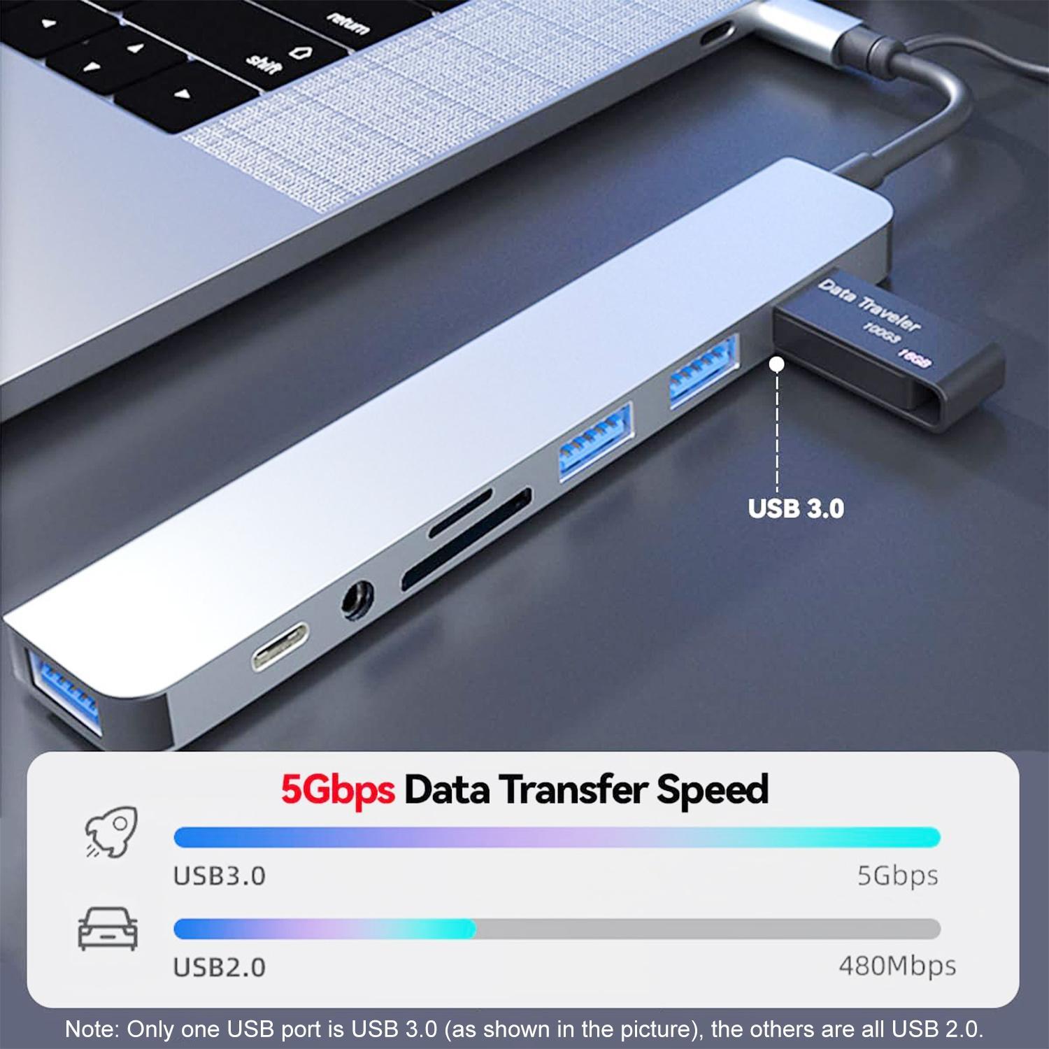 8-in-1 USB C Hub Multi-Port USB Adapter with 4 USB 3.0 Ports, SD/TF Card Reader, 3.5mm Audio Jack, Compatible with MacBook, Computer Accessories