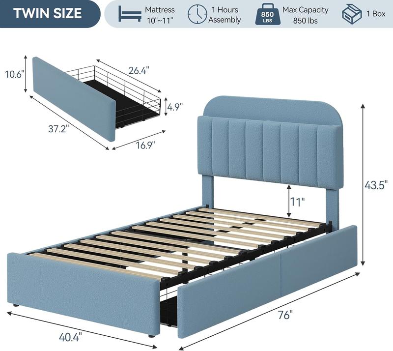 Twin Size Bed Frame with 2 Flexible Drawers, Boucle Upholstered Platform Bed Frame with Bookcase Headboard, Bedframe for Kids/Girls, Easy Assembly, No Box Spring Needed, Noise Free