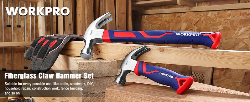 #JumpstartSale WORKPRO 2-Count Claw Hammer Set, 8 oz Mini Stubby Claw Hammer&16 oz Fiberglass General Purpose Claw Hammer, Soft Nonslip Handle & Heat Treated Head