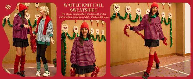 Imily Bela Women's Fall Oversized Sweatshirt Casual Waffle Knit Long Sleeve Crewneck Split Pullover Tunic Tops