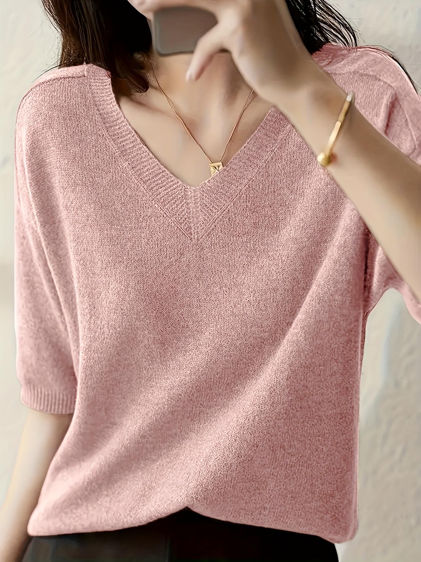 New Knitted Short Sleeve T-Shirt for Women, Thin Loose V-Neck Slimming High-Quality Breathable Top, Stylish Casual Wear