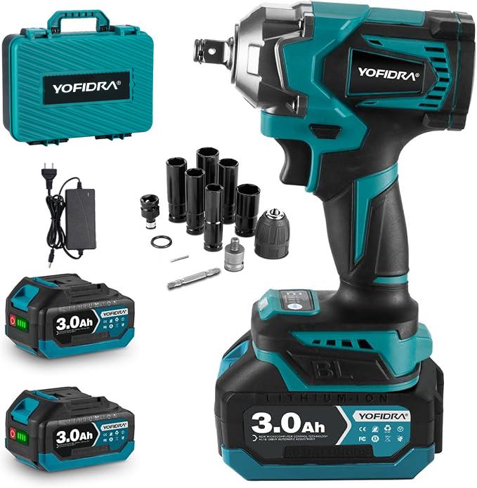 Yofidra 1200N.M Torque Brushless Electric Impact Wrench 1/2 Inch Cordless Screwdriver for Makita 18V Battery Hardware with Heavy Duty Handle Portable Power Tools