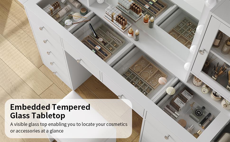 FUSOU 55"W Vanity with Power Outlet【Shipping By 2 Packages】Vanity Desk with Mirror and 10 LED Lights, Makeup Vanity with 12 Drawers and 2 Cabinets, Fold-up Panel, Glass Top Vanity Table with Chair for Bedroom