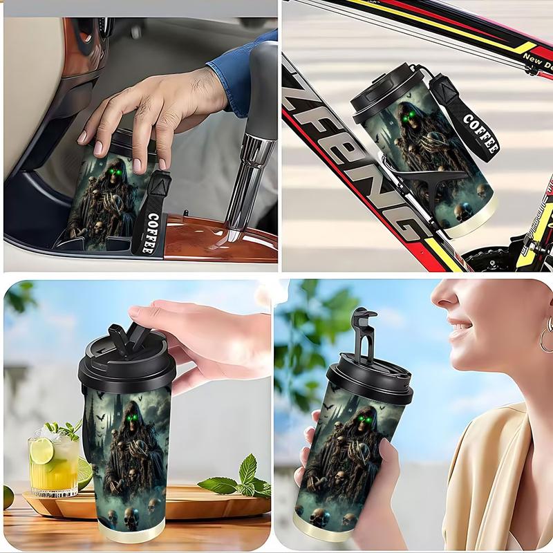 1pc 18oz Insulated Cup, Gothic Scene with Mysterious Character and Skeletal Hand, Double-Wall Design for Hot or Cold Beverages