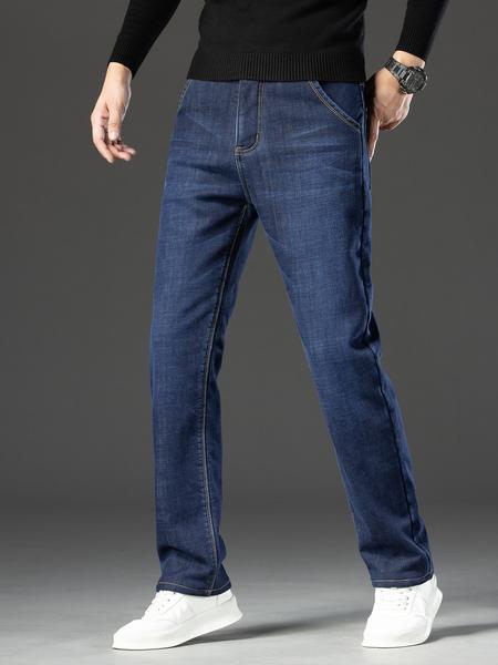 Men's Thickened Winter Fleece Jeans, Loose Straight Leg High Waist Casual Elastic Pants, Warm Long Denim Trousers for Fall & Winter