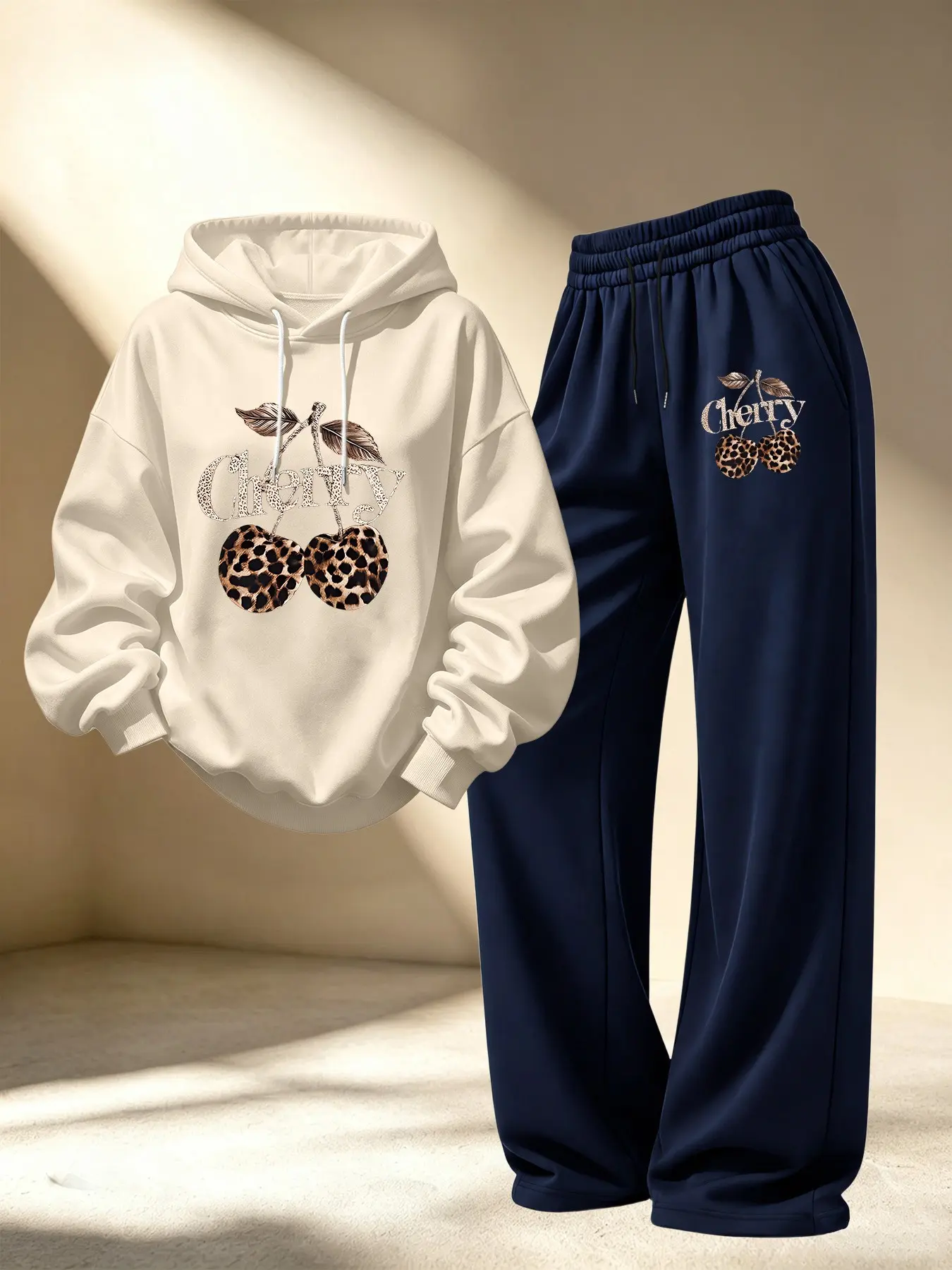 Women's Cherry Leopard Print Short Hoodie + Loose Pants Set, Casual Style, Spring & Fall, Comfortable Daily Wear, Minimalist