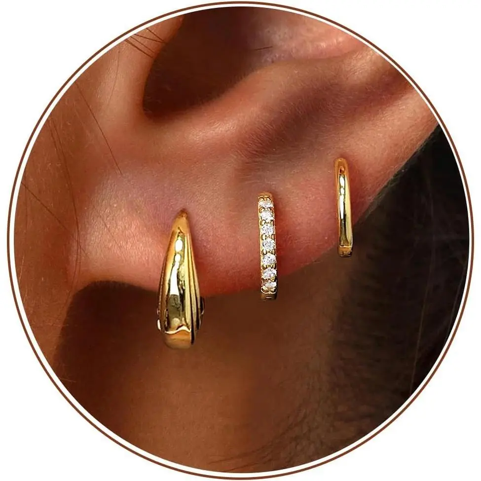 Small Sterling Silver Huggie Hoop Earrings Set for Women, Hypoallergenic 14K Gold Plated Hoops Stacks for Multiple Piercings, Dainty Cute Mini Lightweight Cartilage Studs Trendy Jewelry Gift