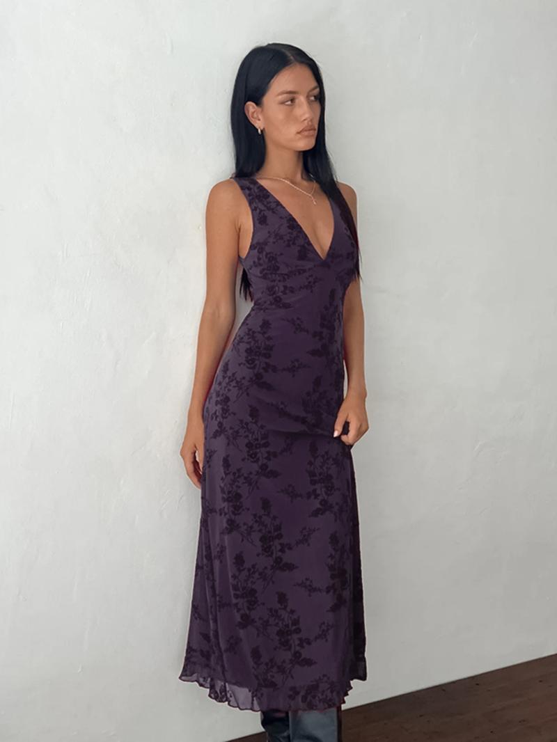 Women's Floral Print Deep V Neck A Line Dress, Elegant Sleeveless Plunge Neck Bodycon Long Dress, Ladies Summer Clothes for Party Holiday Wedding Guest, Summer Dresses