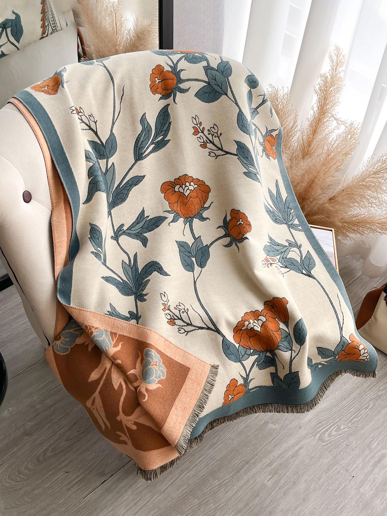 Elegant Floral Knit Scarf for Women, Boho Style Double-Sided Shawl, Fall & Winter Warm Daily Wear, Fitted Design