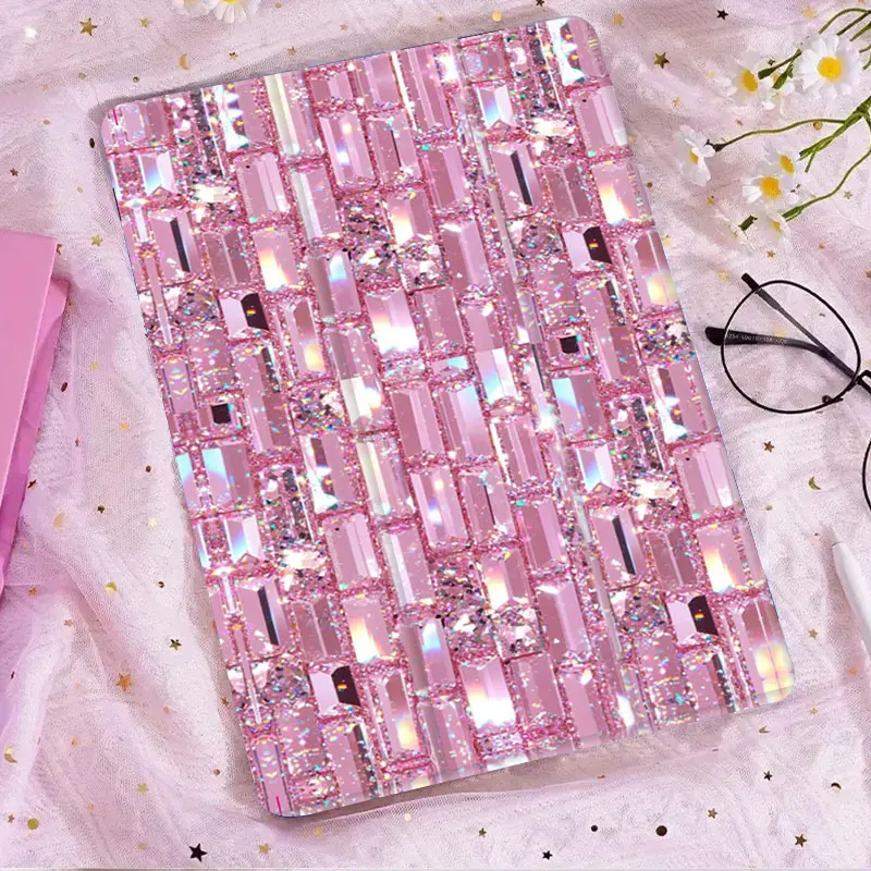 Pink Crystal Glitter Mosaic Tablet Case with adjustable bracket and pen slot, foldable anti slip TPU protective cover, suitable for iPad mini, iPad Air, iPad Pro/iPad 10th generation, 11th generation and other series of iPad protective covers