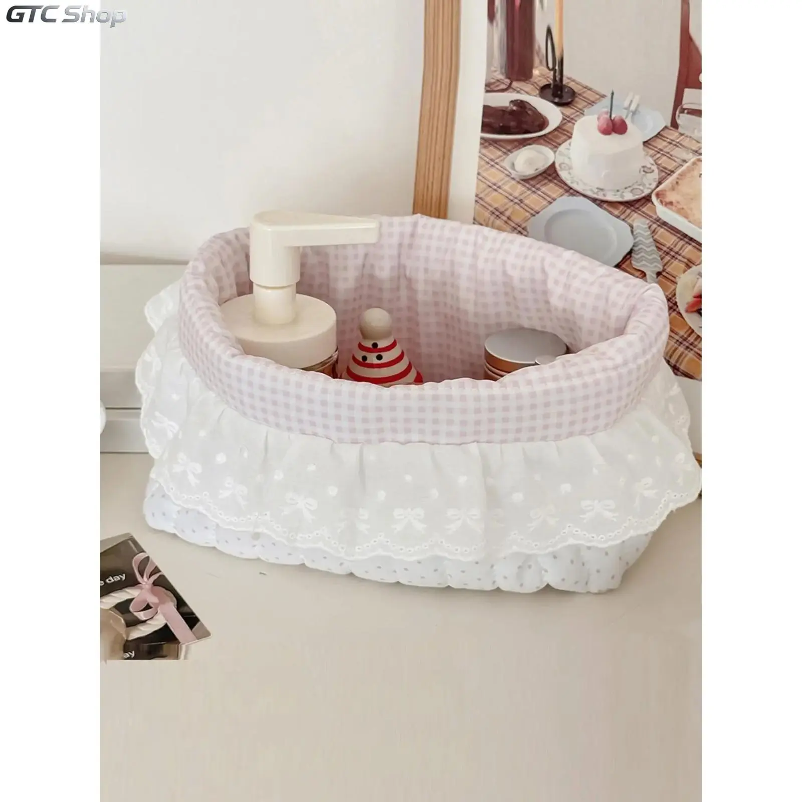 Pink Plaid Lace‑Ruffle Quilted Fabric Storage Basket, Bow‑Embroidery Decor Countertop Organizer Bin, Coquette Cottagecore Multifunctional Holder for Bathroom Bedroom Vanity Cosmetics, Small Sundries & Cute Keepsake Gift
