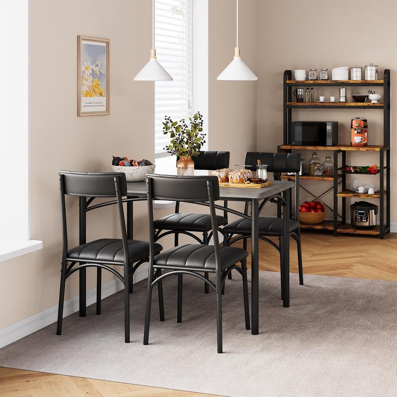 Dining Table Set for 4, Kitchen Table and Chairs, Metal and Wood Rectangular Dining Room Table Set with 4 Upholstered Chairs, 5 Piece Dining Set for Small Space, Apartment, Rustic Brown,Black,Grey Furniture Modern Home