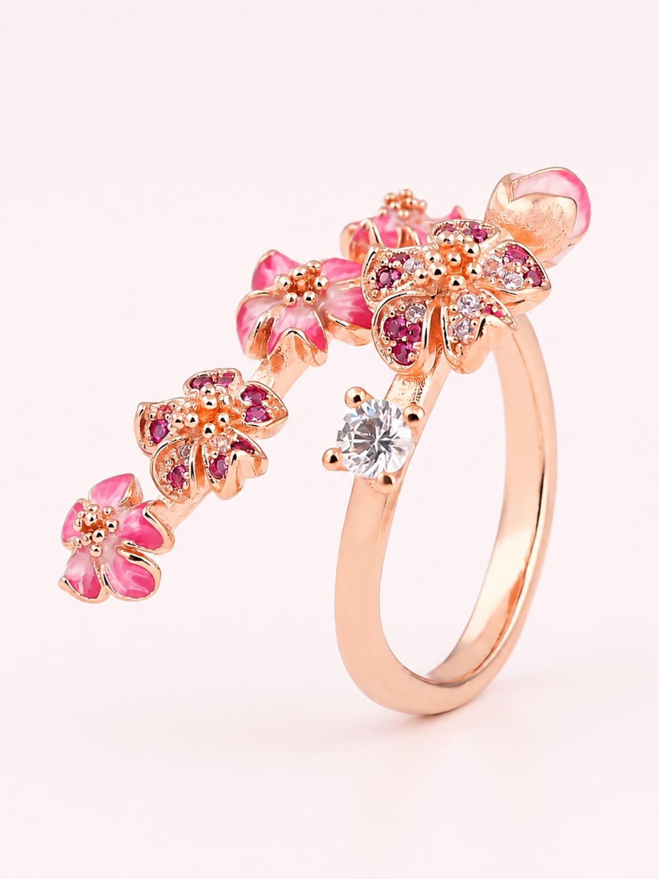 Floral Adjustable Ring for Women, Pink Flower Fashion Ring, Bohemian Fashion Ring, Copper Tone Delicate Blossom Jewelry, Feminine Daily Wear Ring, Elegant Fashion Rings