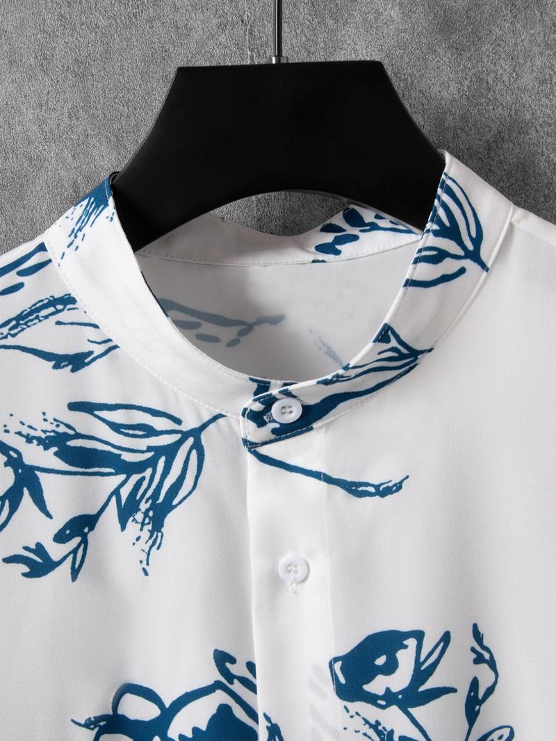 Men's Ombre Floral Print Button Front Shortsleeve Shirt, Regular Fit Streetwear Casual Short Sleeve Stand Collar Top, Summer Clothes for Daily Wear, Summer Clothes, Menswear, Button Up Shirt