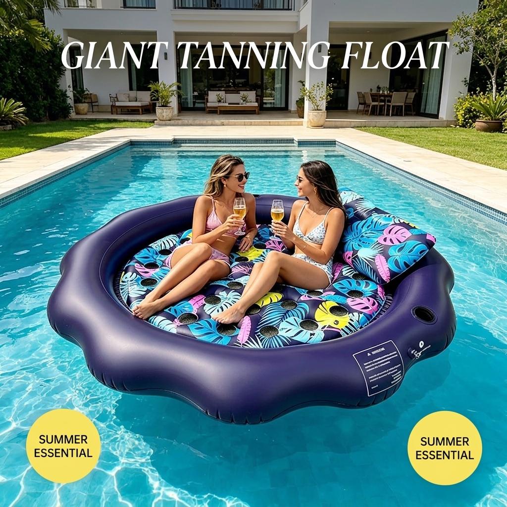 Round Edge Inflatable Sunbathing Pool, 77x77 Inch Thick PVC with Pillow and Drink Holder, Outdoor Floating Lounge Chair, Summer Essential, Swim Ring, Swimming Ring, Pool Floater, Pool Floatie