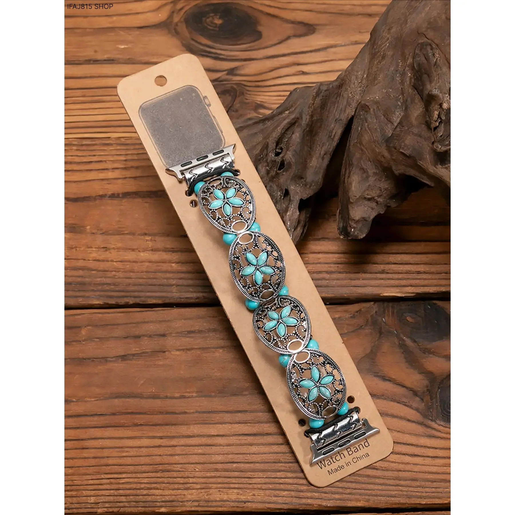 Boho Floral Apple Watch Band Jewelry for Women, Hollow Vintage Smartwatch Strap with Turquoise Accent, Stretch Adjustable Fashion Watch Band for Daily Wear, Vacation and Aesthetic Outfit Styling